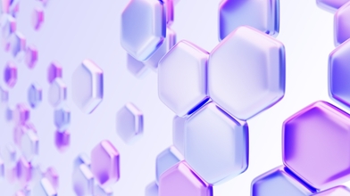 Abstract hexagon pattern perspective. Render 3d background with glass holographic honeycomb design.