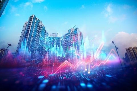 A conceptual image depicting a cityscape with glowing red and blue lines