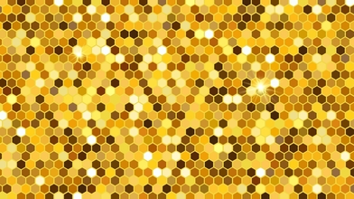Golden hexagon pattern. Honeycomb background with mosaic texture. Yellow disco tiles